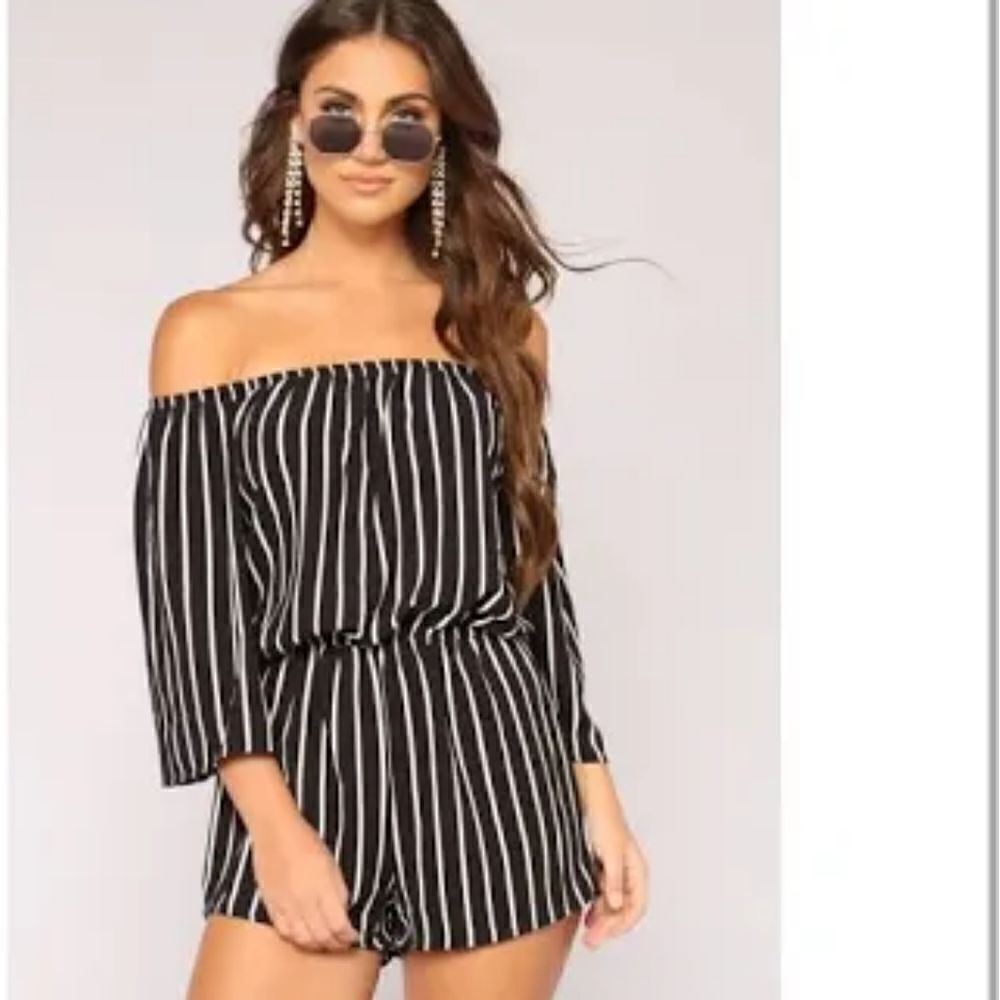 Ambiance Cold-Shoulder Romper w/Shorts, Black & White Stripe, Size Medium